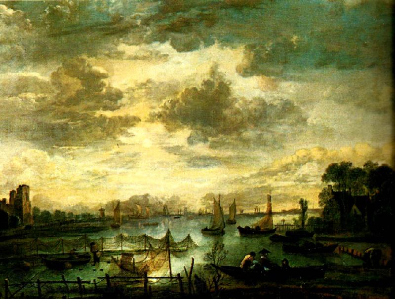 Aert van der Neer flodsceneri med fiskare France oil painting art